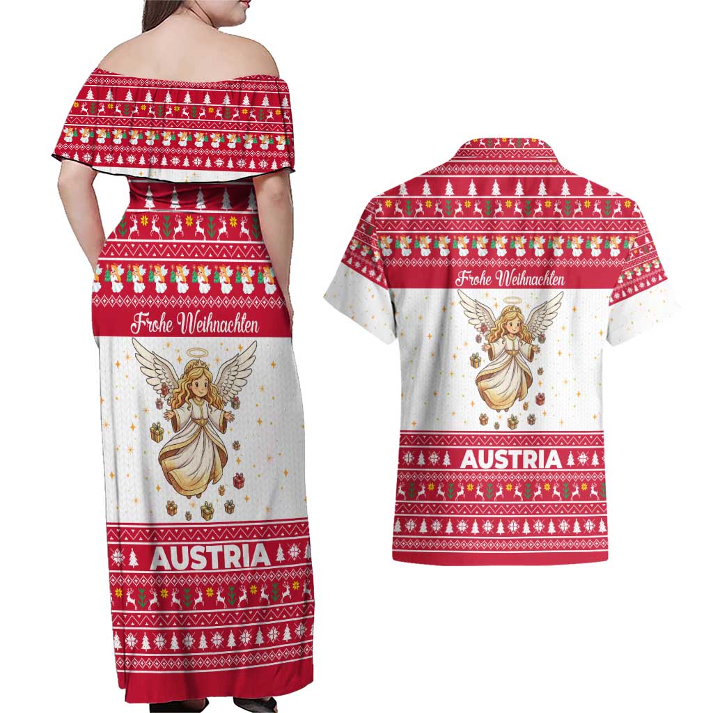 Austria Christmas Couples Matching Off Shoulder Maxi Dress and Hawaiian Shirt with Frohe Weihnachten Angel Design and Red White Holiday - Wonder Print Shop