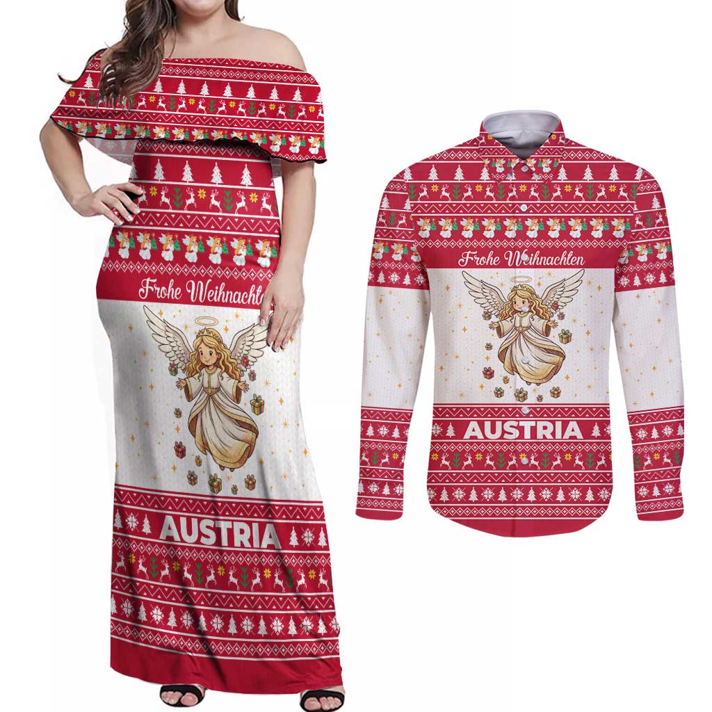 Austria Christmas Couples Matching Off Shoulder Maxi Dress and Long Sleeve Button Shirt with Frohe Weihnachten Angel Design and Red White Holiday - Wonder Print Shop