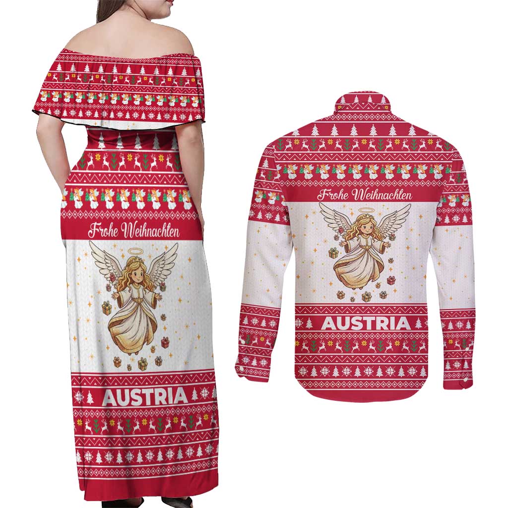 Austria Christmas Couples Matching Off Shoulder Maxi Dress and Long Sleeve Button Shirt with Frohe Weihnachten Angel Design and Red White Holiday - Wonder Print Shop