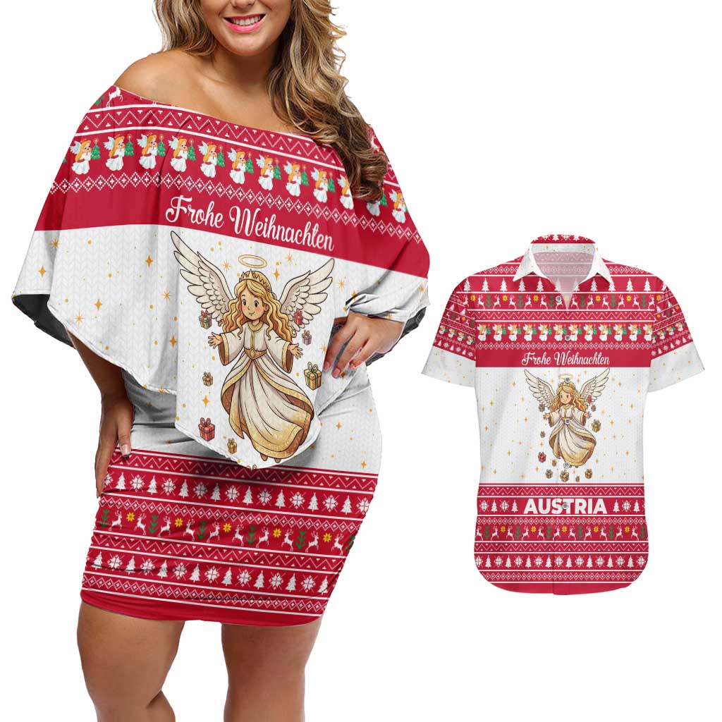 Austria Christmas Couples Matching Off Shoulder Short Dress and Hawaiian Shirt with Frohe Weihnachten Angel Design and Red White Holiday - Wonder Print Shop