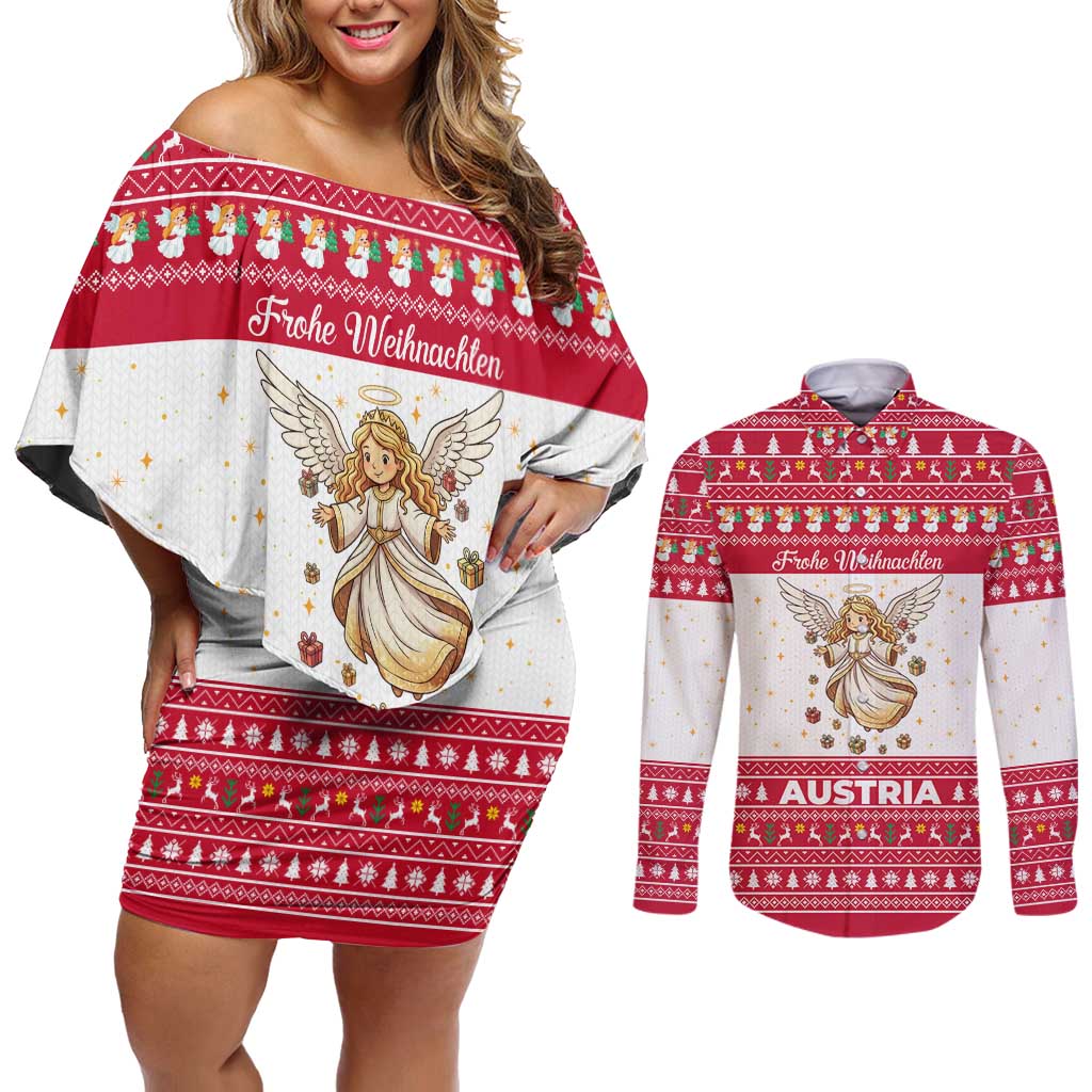 Austria Christmas Couples Matching Off Shoulder Short Dress and Long Sleeve Button Shirt with Frohe Weihnachten Angel Design and Red White Holiday - Wonder Print Shop