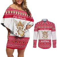 Austria Christmas Couples Matching Off Shoulder Short Dress and Long Sleeve Button Shirt with Frohe Weihnachten Angel Design and Red White Holiday - Wonder Print Shop