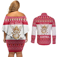 Austria Christmas Couples Matching Off Shoulder Short Dress and Long Sleeve Button Shirt with Frohe Weihnachten Angel Design and Red White Holiday - Wonder Print Shop