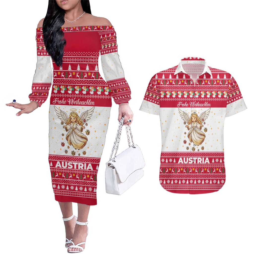 Austria Christmas Couples Matching Off The Shoulder Long Sleeve Dress and Hawaiian Shirt with Frohe Weihnachten Angel Design and Red White Holiday - Wonder Print Shop