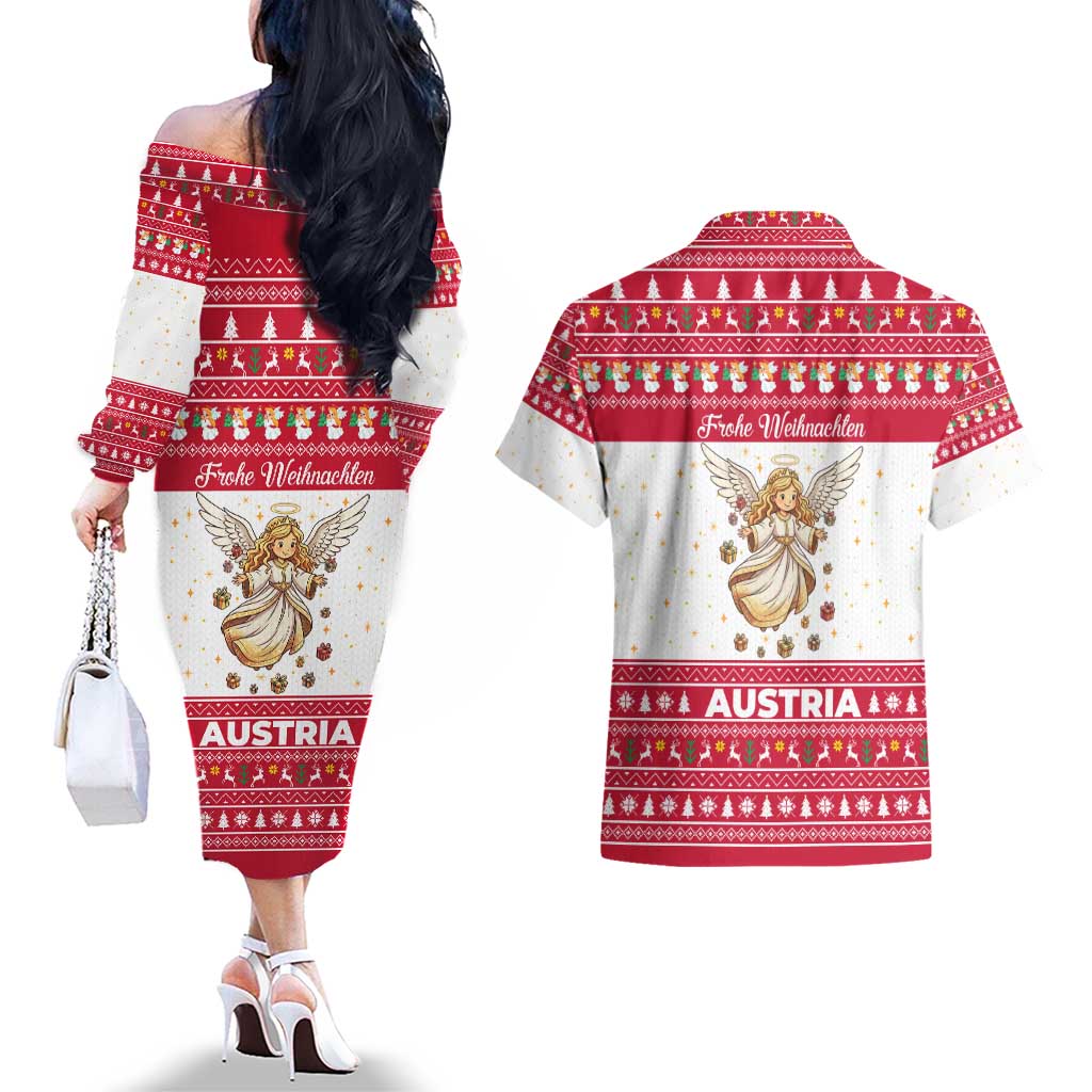 Austria Christmas Couples Matching Off The Shoulder Long Sleeve Dress and Hawaiian Shirt with Frohe Weihnachten Angel Design and Red White Holiday - Wonder Print Shop