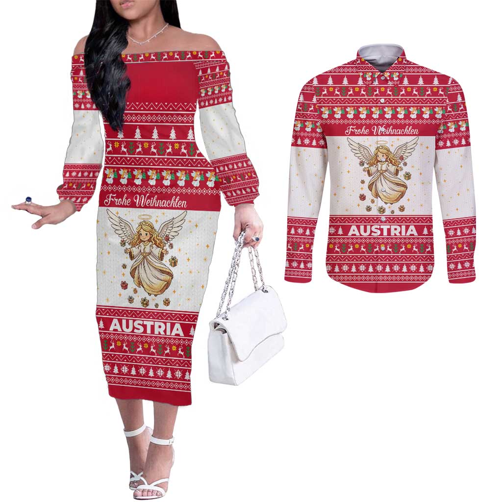 Austria Christmas Couples Matching Off The Shoulder Long Sleeve Dress and Long Sleeve Button Shirt with Frohe Weihnachten Angel Design and Red White Holiday - Wonder Print Shop