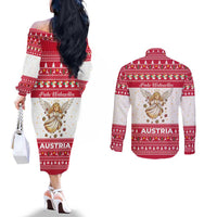 Austria Christmas Couples Matching Off The Shoulder Long Sleeve Dress and Long Sleeve Button Shirt with Frohe Weihnachten Angel Design and Red White Holiday - Wonder Print Shop