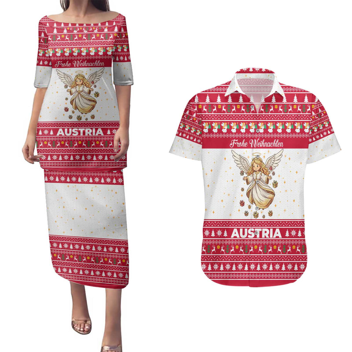 Austria Christmas Couples Matching Puletasi and Hawaiian Shirt with Frohe Weihnachten Angel Design and Red White Holiday - Wonder Print Shop