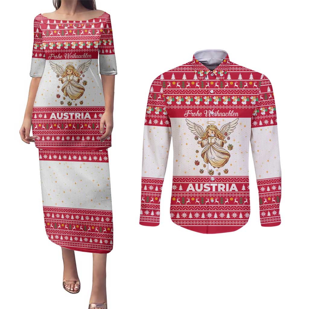 Austria Christmas Couples Matching Puletasi and Long Sleeve Button Shirt with Frohe Weihnachten Angel Design and Red White Holiday - Wonder Print Shop
