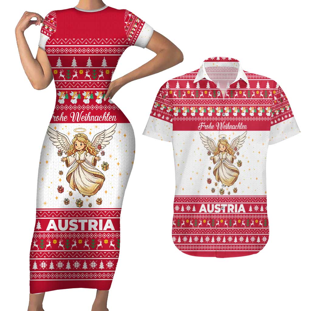 Austria Christmas Couples Matching Short Sleeve Bodycon Dress and Hawaiian Shirt with Frohe Weihnachten Angel Design and Red White Holiday - Wonder Print Shop