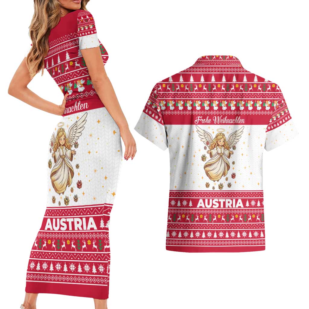 Austria Christmas Couples Matching Short Sleeve Bodycon Dress and Hawaiian Shirt with Frohe Weihnachten Angel Design and Red White Holiday - Wonder Print Shop
