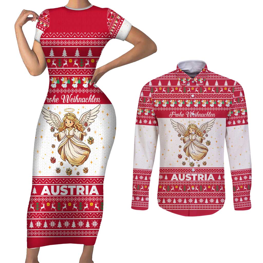 Austria Christmas Couples Matching Short Sleeve Bodycon Dress and Long Sleeve Button Shirt with Frohe Weihnachten Angel Design and Red White Holiday - Wonder Print Shop