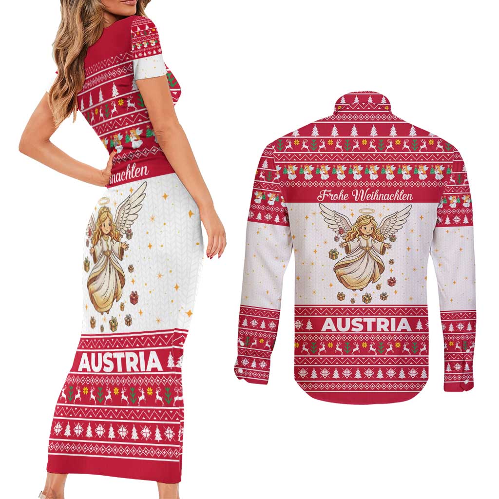 Austria Christmas Couples Matching Short Sleeve Bodycon Dress and Long Sleeve Button Shirt with Frohe Weihnachten Angel Design and Red White Holiday - Wonder Print Shop