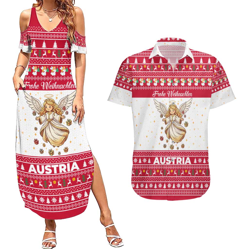 Austria Christmas Couples Matching Summer Maxi Dress and Hawaiian Shirt with Frohe Weihnachten Angel Design and Red White Holiday - Wonder Print Shop