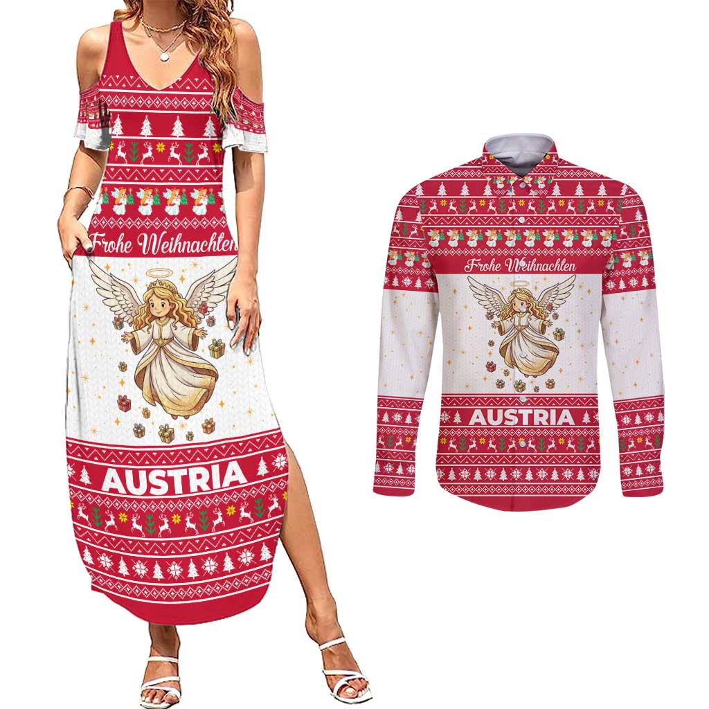 Austria Christmas Couples Matching Summer Maxi Dress and Long Sleeve Button Shirt with Frohe Weihnachten Angel Design and Red White Holiday - Wonder Print Shop