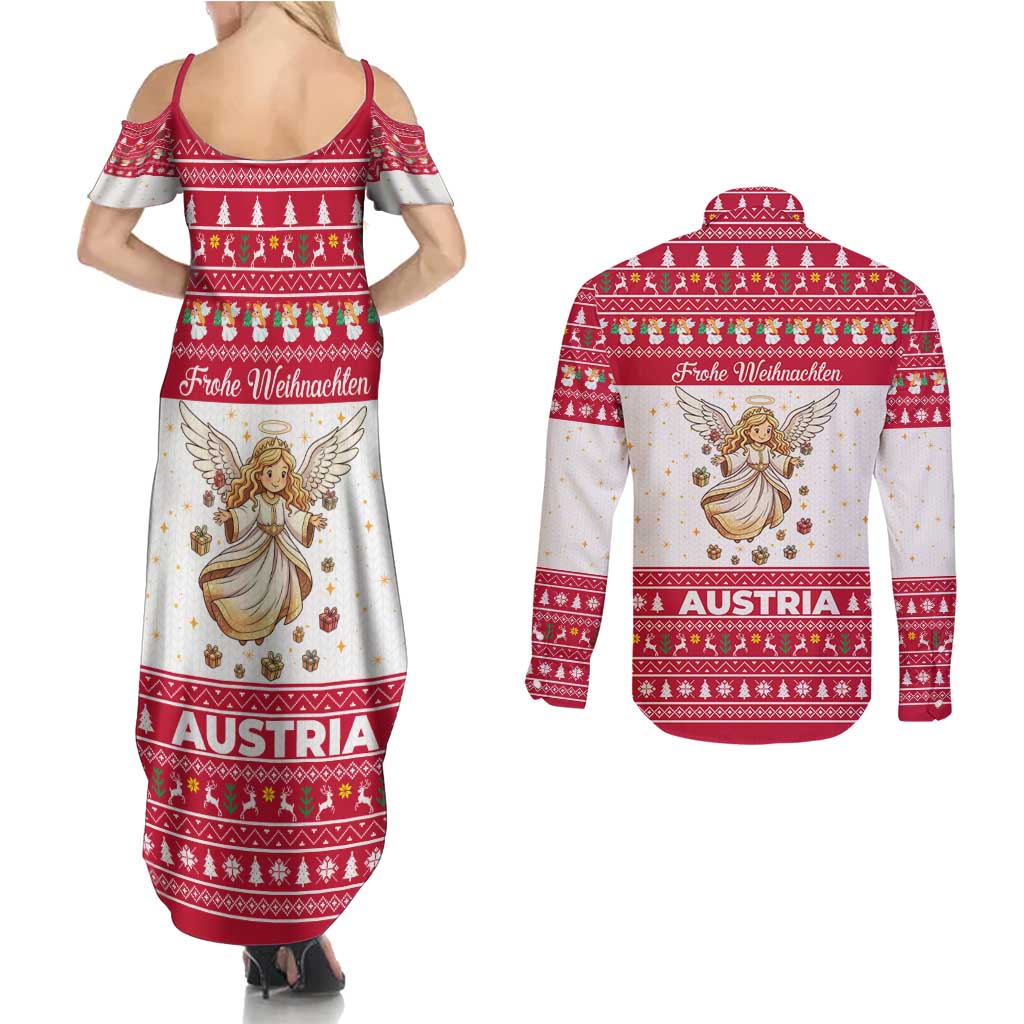 Austria Christmas Couples Matching Summer Maxi Dress and Long Sleeve Button Shirt with Frohe Weihnachten Angel Design and Red White Holiday - Wonder Print Shop