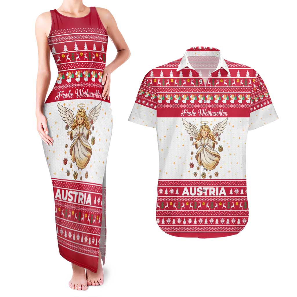 Austria Christmas Couples Matching Tank Maxi Dress and Hawaiian Shirt with Frohe Weihnachten Angel Design and Red White Holiday - Wonder Print Shop