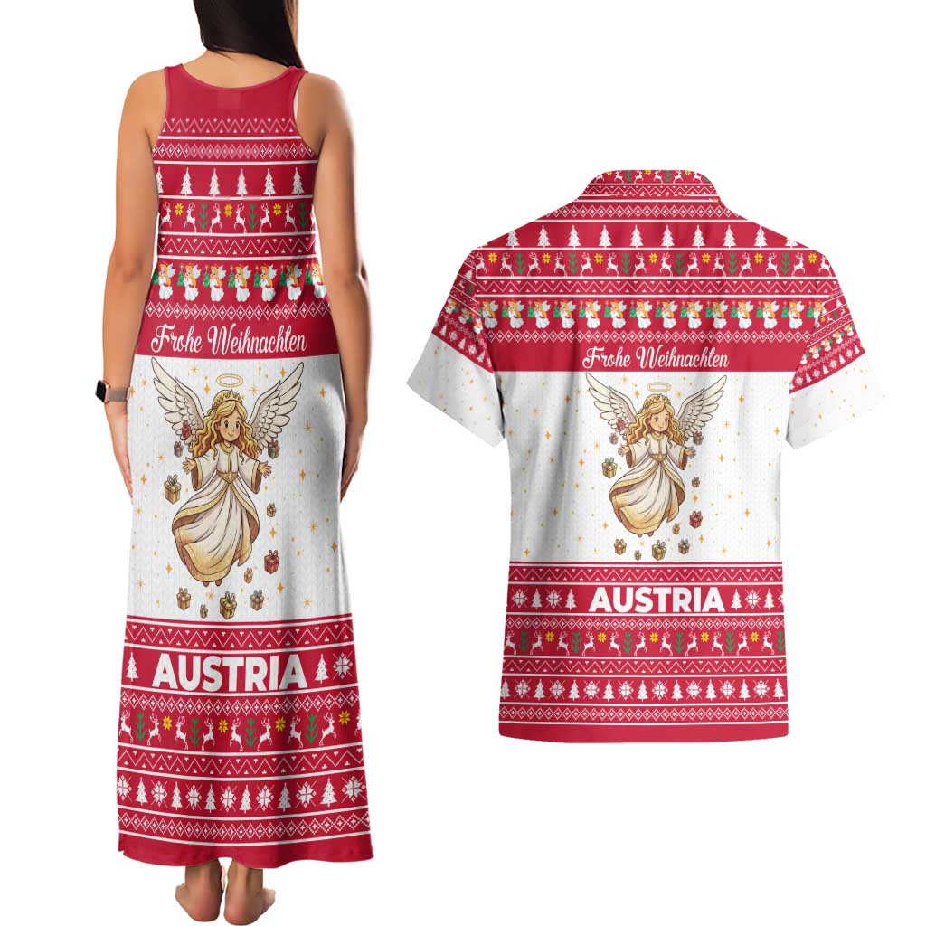 Austria Christmas Couples Matching Tank Maxi Dress and Hawaiian Shirt with Frohe Weihnachten Angel Design and Red White Holiday - Wonder Print Shop