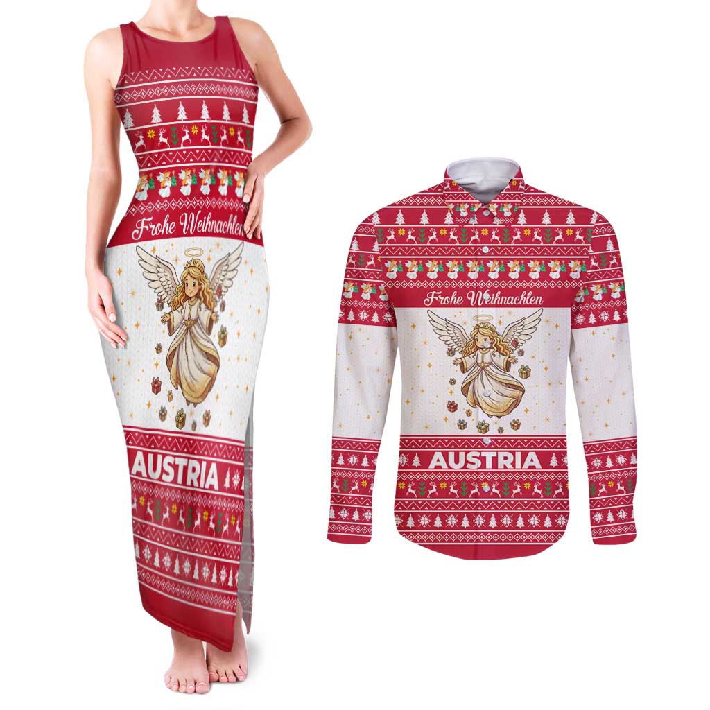 Austria Christmas Couples Matching Tank Maxi Dress and Long Sleeve Button Shirt with Frohe Weihnachten Angel Design and Red White Holiday - Wonder Print Shop