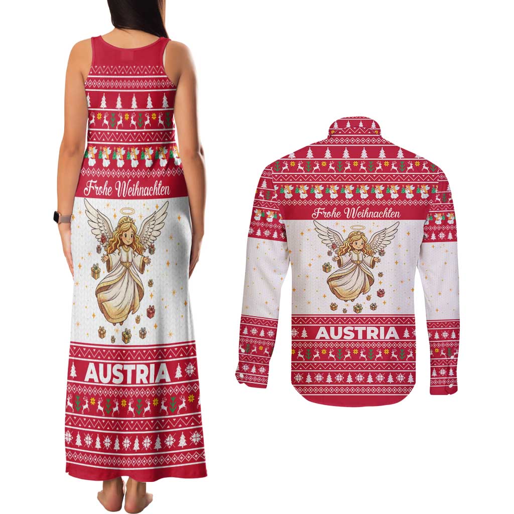 Austria Christmas Couples Matching Tank Maxi Dress and Long Sleeve Button Shirt with Frohe Weihnachten Angel Design and Red White Holiday - Wonder Print Shop
