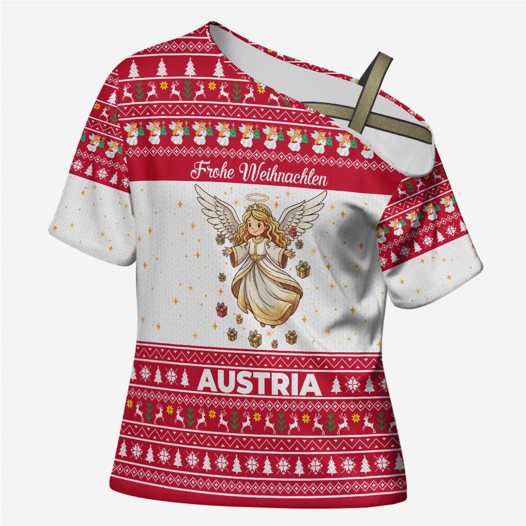 Austria Christmas Cross Shoulder Shirt with Frohe Weihnachten Angel Design and Red White Holiday - Wonder Print Shop