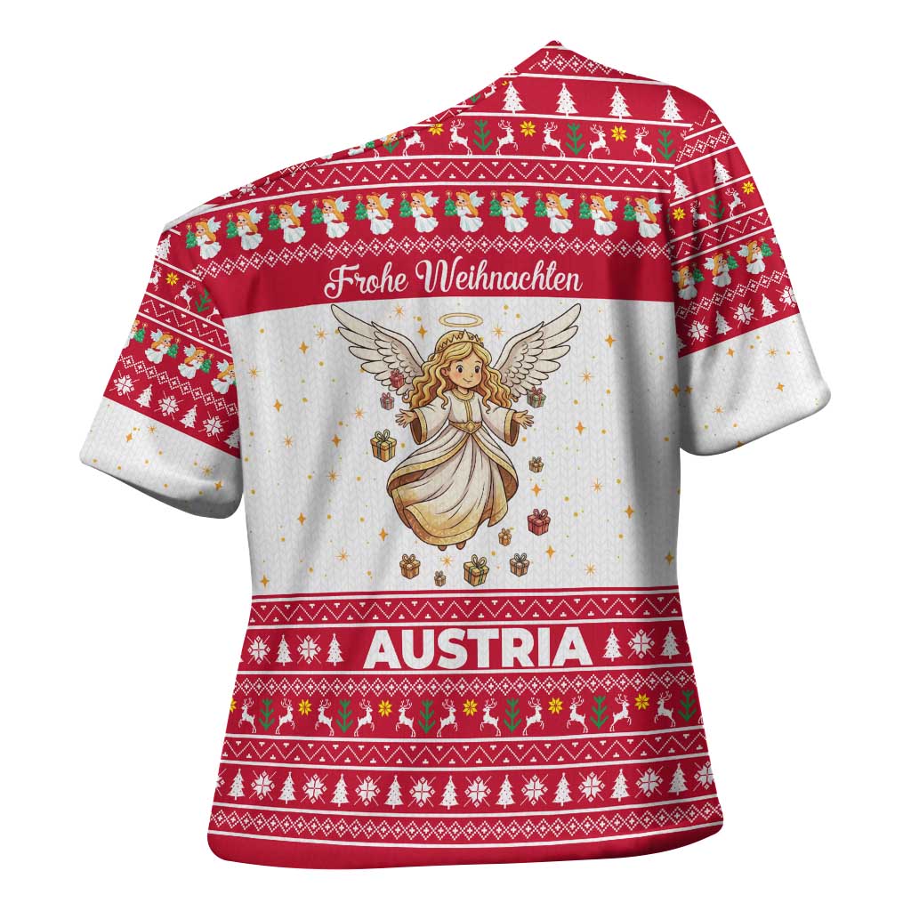Austria Christmas Cross Shoulder Shirt with Frohe Weihnachten Angel Design and Red White Holiday - Wonder Print Shop