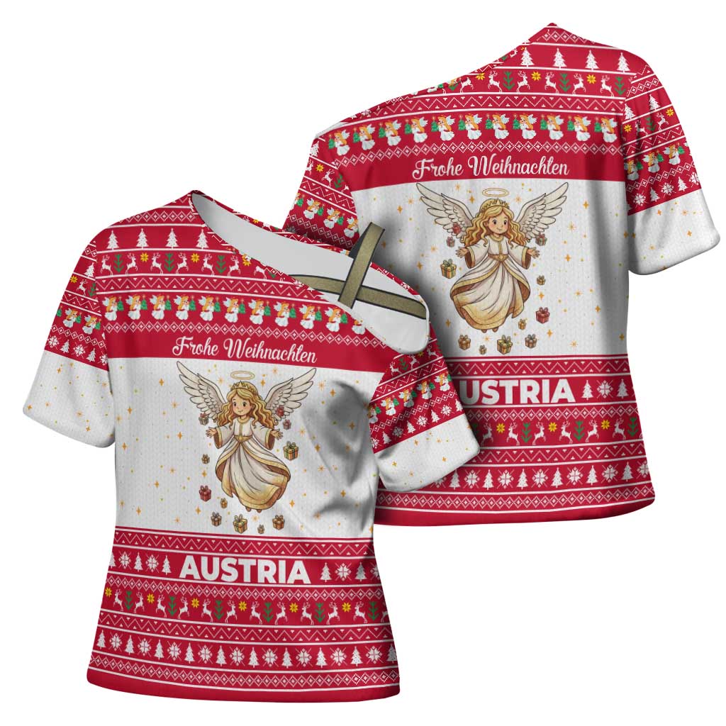 Austria Christmas Cross Shoulder Shirt with Frohe Weihnachten Angel Design and Red White Holiday - Wonder Print Shop