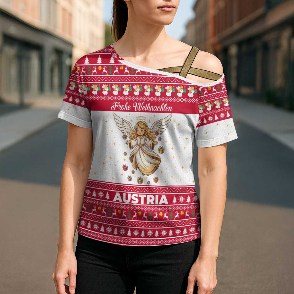 Austria Christmas Cross Shoulder Shirt with Frohe Weihnachten Angel Design and Red White Holiday - Wonder Print Shop