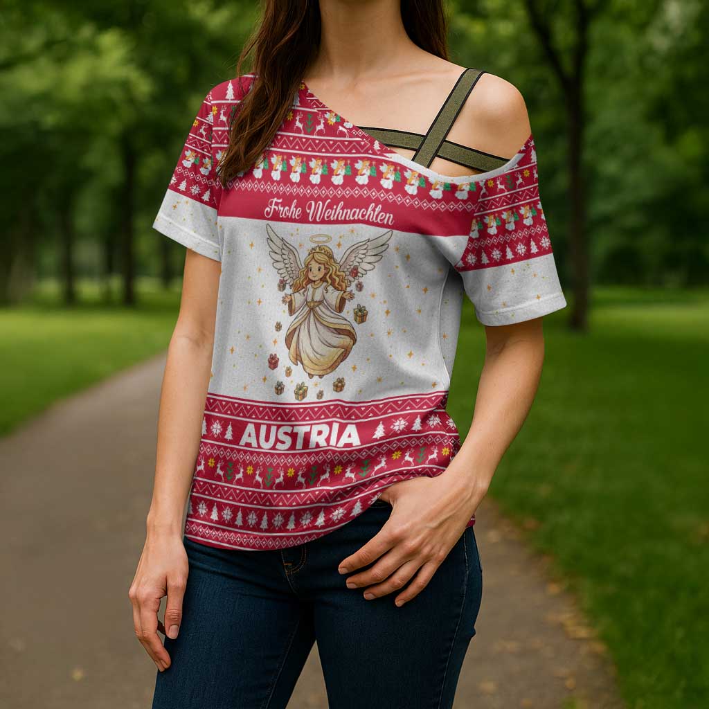 Austria Christmas Cross Shoulder Shirt with Frohe Weihnachten Angel Design and Red White Holiday - Wonder Print Shop