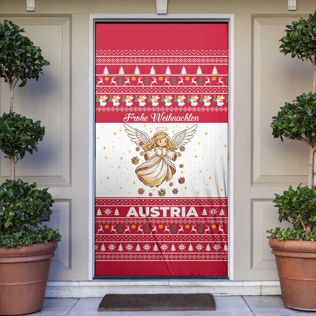 Austria Christmas Door Cover with Frohe Weihnachten Angel Design and Red White Holiday - Wonder Print Shop