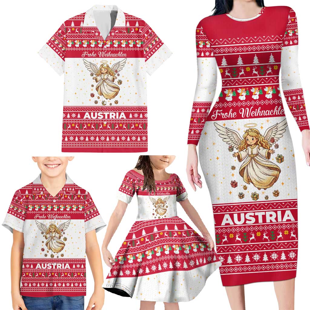 Austria Christmas Family Matching Long Sleeve Bodycon Dress and Hawaiian Shirt with Frohe Weihnachten Angel Design and Red White Holiday - Wonder Print Shop