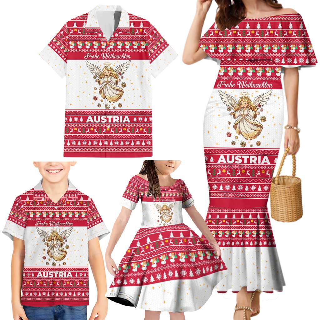 Austria Christmas Family Matching Mermaid Dress and Hawaiian Shirt with Frohe Weihnachten Angel Design and Red White Holiday - Wonder Print Shop