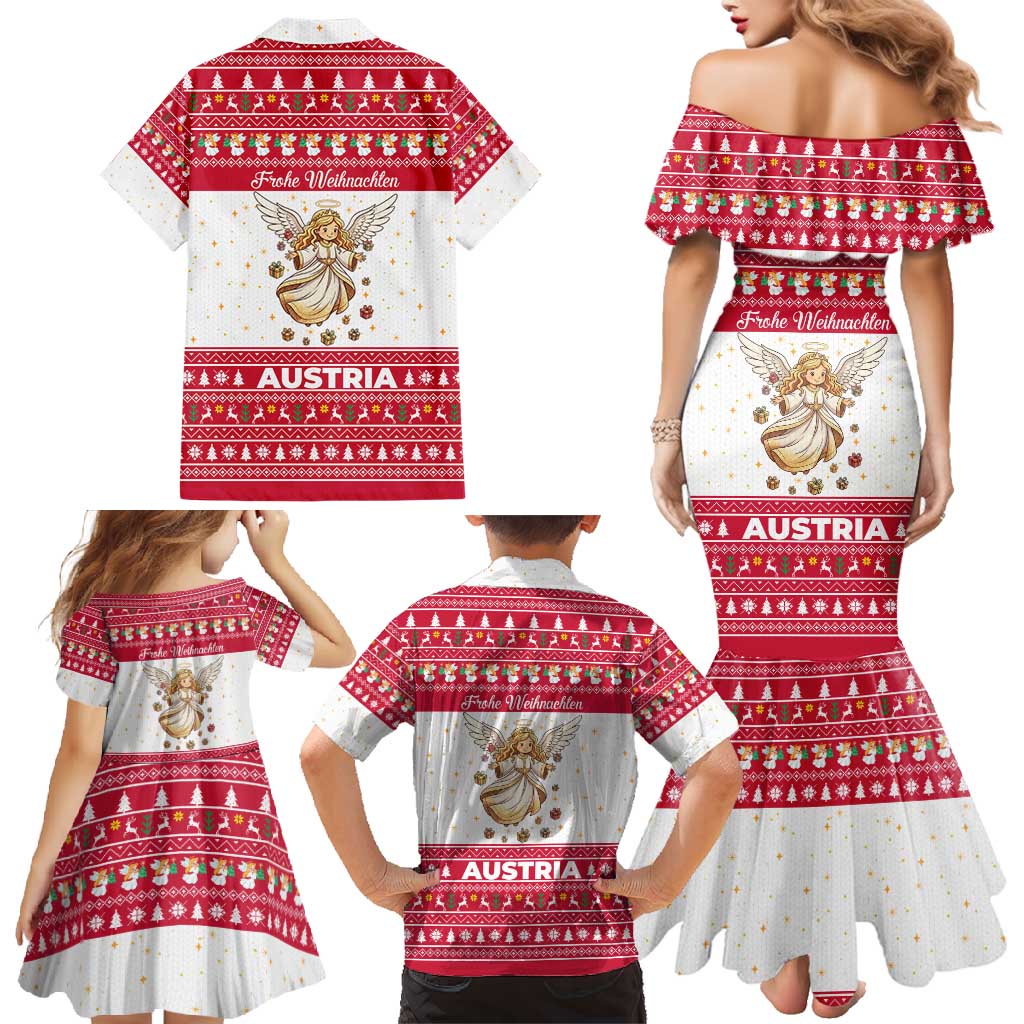 Austria Christmas Family Matching Mermaid Dress and Hawaiian Shirt with Frohe Weihnachten Angel Design and Red White Holiday - Wonder Print Shop