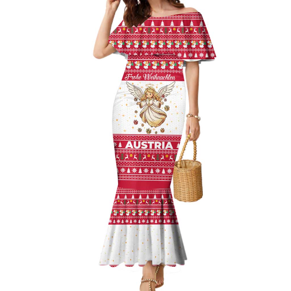 Austria Christmas Family Matching Mermaid Dress and Hawaiian Shirt with Frohe Weihnachten Angel Design and Red White Holiday - Wonder Print Shop