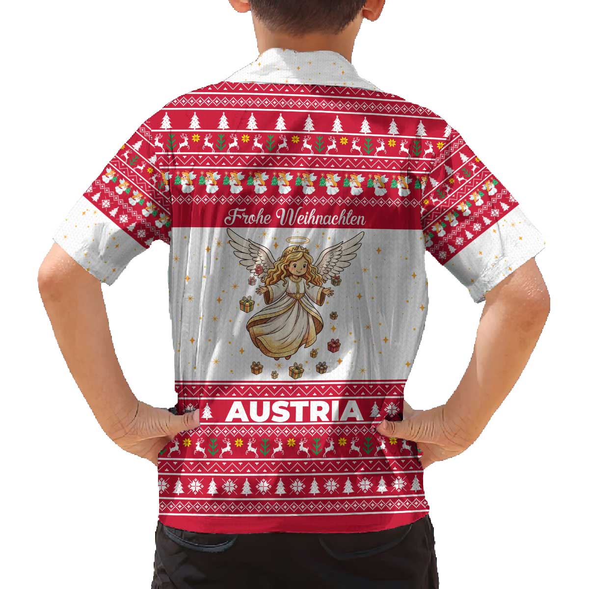 Austria Christmas Family Matching Off The Shoulder Long Sleeve Dress and Hawaiian Shirt with Frohe Weihnachten Angel Design and Red White Holiday - Wonder Print Shop
