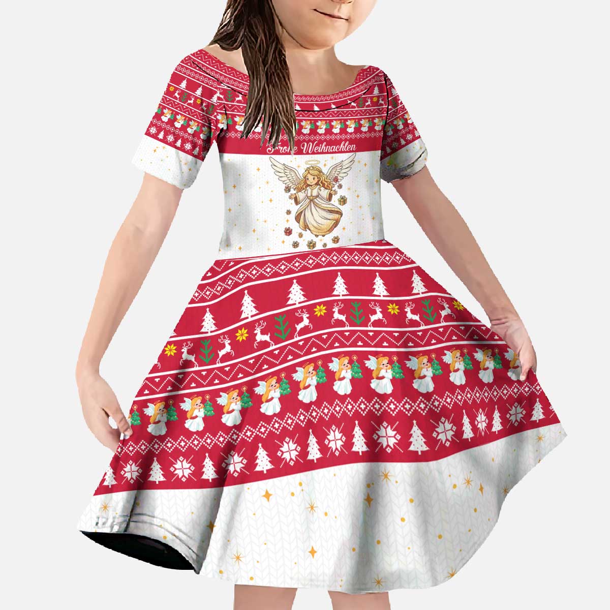 Austria Christmas Family Matching Off The Shoulder Long Sleeve Dress and Hawaiian Shirt with Frohe Weihnachten Angel Design and Red White Holiday - Wonder Print Shop
