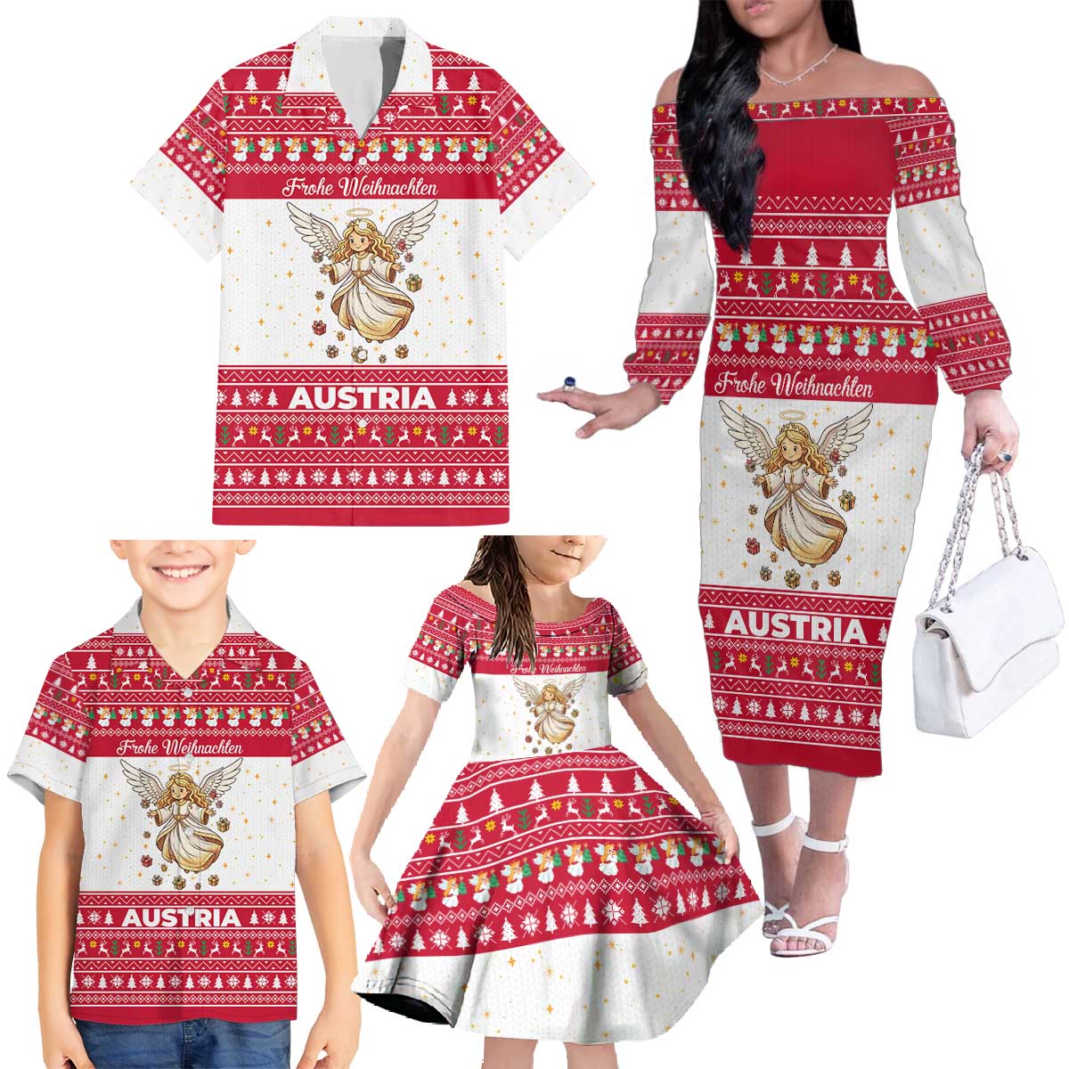 Austria Christmas Family Matching Off The Shoulder Long Sleeve Dress and Hawaiian Shirt with Frohe Weihnachten Angel Design and Red White Holiday - Wonder Print Shop
