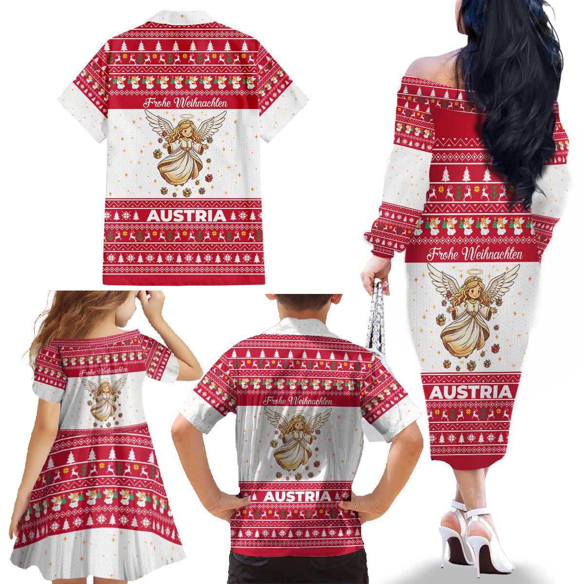 Austria Christmas Family Matching Off The Shoulder Long Sleeve Dress and Hawaiian Shirt with Frohe Weihnachten Angel Design and Red White Holiday - Wonder Print Shop