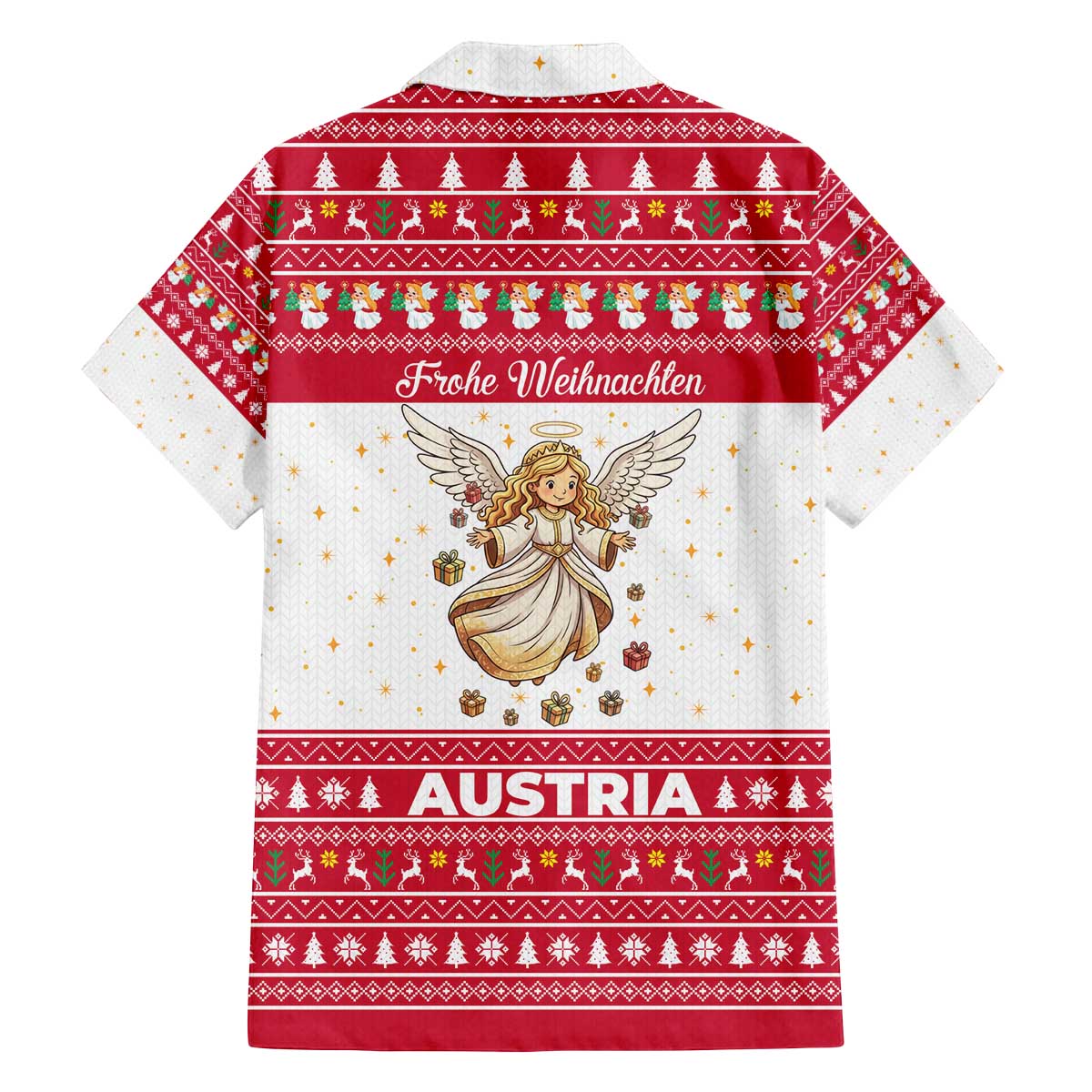 Austria Christmas Family Matching Off The Shoulder Long Sleeve Dress and Hawaiian Shirt with Frohe Weihnachten Angel Design and Red White Holiday - Wonder Print Shop