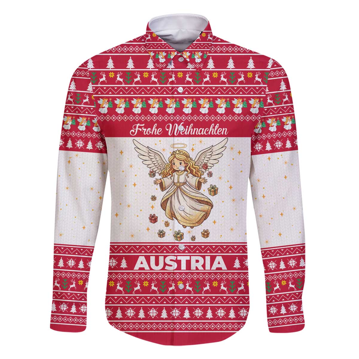 Austria Christmas Family Matching Off The Shoulder Long Sleeve Dress and Hawaiian Shirt with Frohe Weihnachten Angel Design and Red White Holiday - Wonder Print Shop