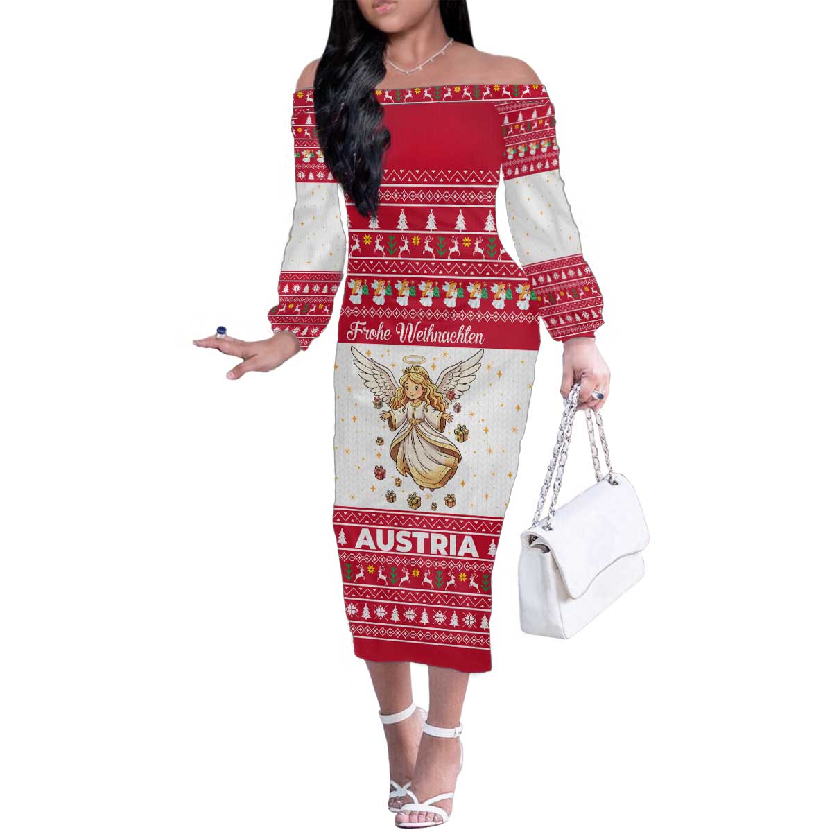 Austria Christmas Family Matching Off The Shoulder Long Sleeve Dress and Hawaiian Shirt with Frohe Weihnachten Angel Design and Red White Holiday - Wonder Print Shop