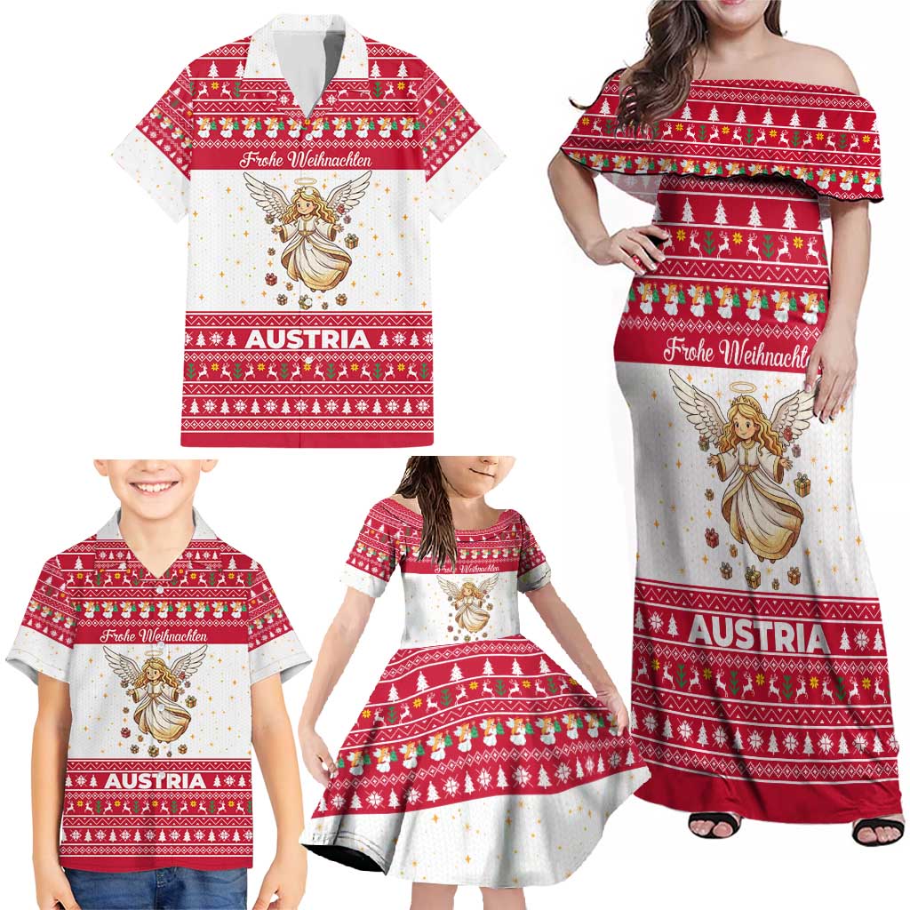 Austria Christmas Family Matching Off Shoulder Maxi Dress and Hawaiian Shirt with Frohe Weihnachten Angel Design and Red White Holiday - Wonder Print Shop