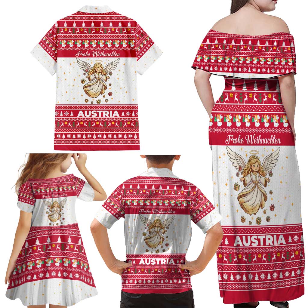 Austria Christmas Family Matching Off Shoulder Maxi Dress and Hawaiian Shirt with Frohe Weihnachten Angel Design and Red White Holiday - Wonder Print Shop