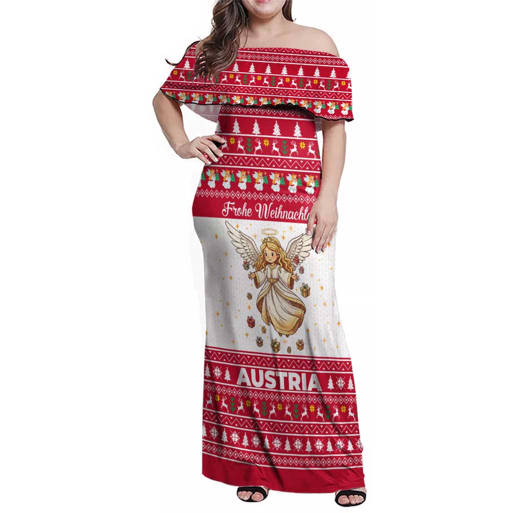 Austria Christmas Family Matching Off Shoulder Maxi Dress and Hawaiian Shirt with Frohe Weihnachten Angel Design and Red White Holiday - Wonder Print Shop
