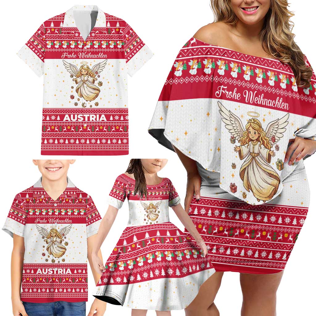 Austria Christmas Family Matching Off Shoulder Short Dress and Hawaiian Shirt with Frohe Weihnachten Angel Design and Red White Holiday - Wonder Print Shop