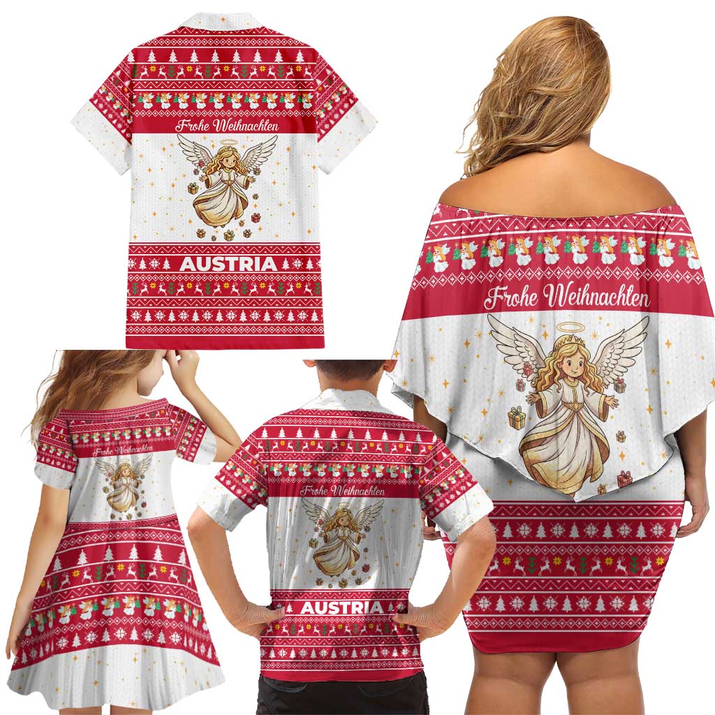 Austria Christmas Family Matching Off Shoulder Short Dress and Hawaiian Shirt with Frohe Weihnachten Angel Design and Red White Holiday - Wonder Print Shop
