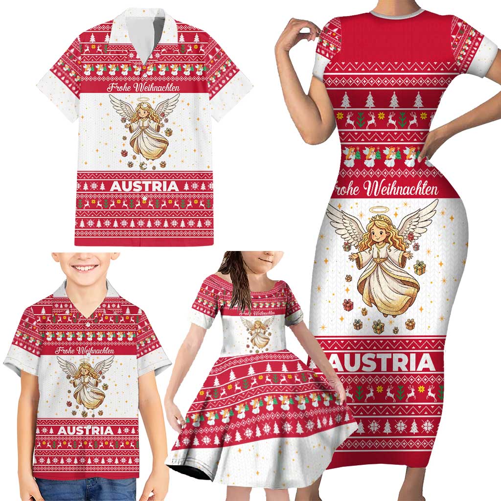 Austria Christmas Family Matching Short Sleeve Bodycon Dress and Hawaiian Shirt with Frohe Weihnachten Angel Design and Red White Holiday - Wonder Print Shop