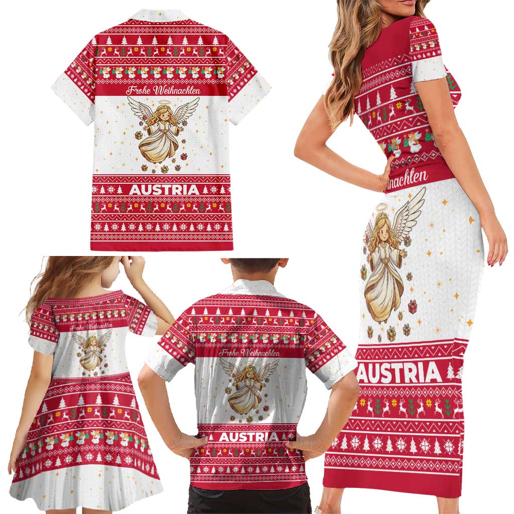 Austria Christmas Family Matching Short Sleeve Bodycon Dress and Hawaiian Shirt with Frohe Weihnachten Angel Design and Red White Holiday - Wonder Print Shop