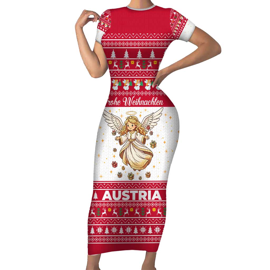 Austria Christmas Family Matching Short Sleeve Bodycon Dress and Hawaiian Shirt with Frohe Weihnachten Angel Design and Red White Holiday - Wonder Print Shop