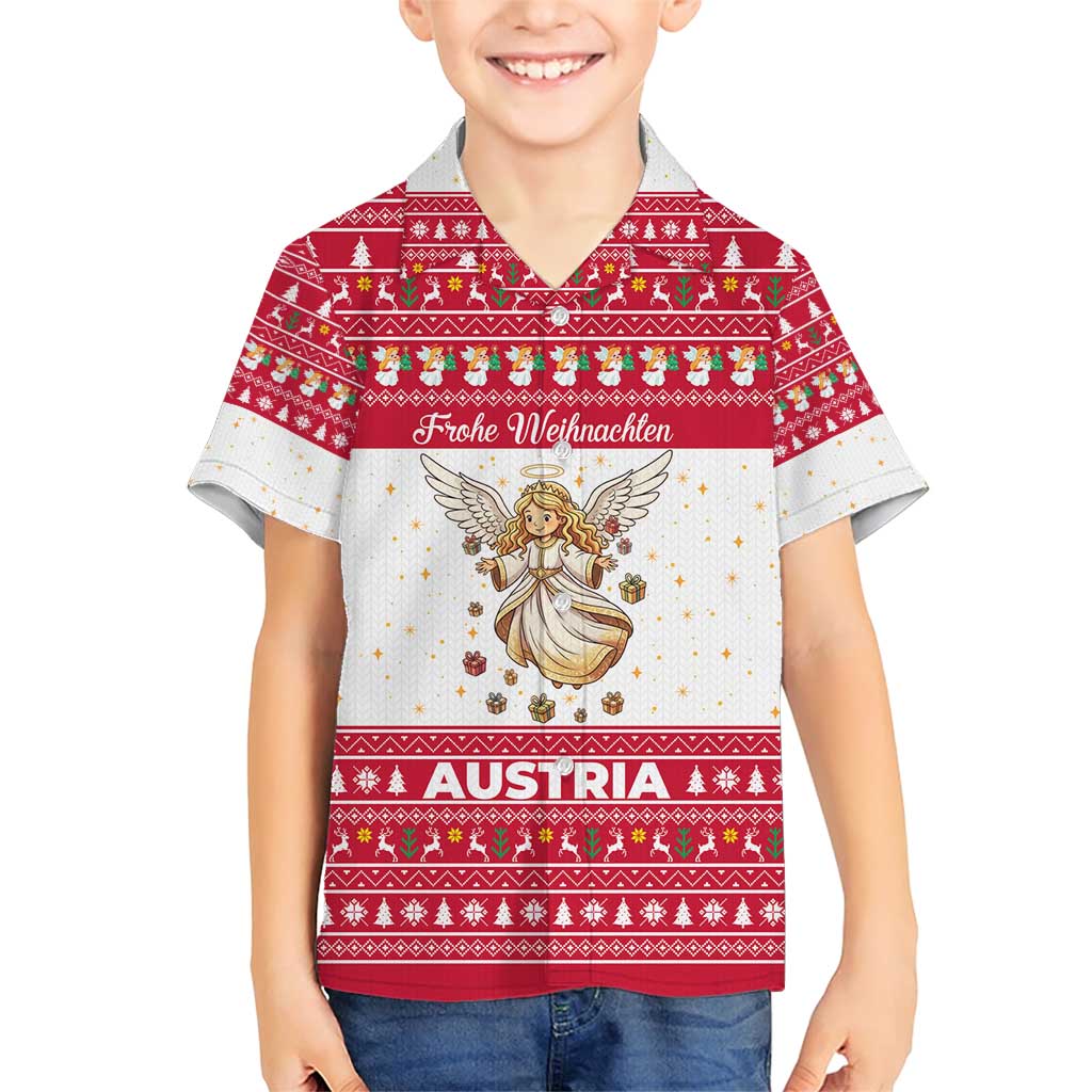 Austria Christmas Family Matching Short Sleeve Bodycon Dress and Hawaiian Shirt with Frohe Weihnachten Angel Design and Red White Holiday - Wonder Print Shop